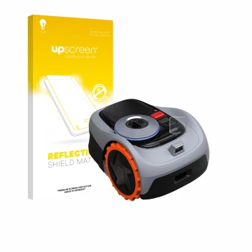 Vorderseite einer Produktverpackung mit dem Markenlogo upscreen. Daneben ist das Gerät Navimow i105E+ mit dem zugehörigen Disp