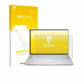 Vorderseite einer Produktverpackung mit dem Markenlogo upscreen. Daneben ist das Gerät Dell 16 Premium Laptop mit dem zugehöri
