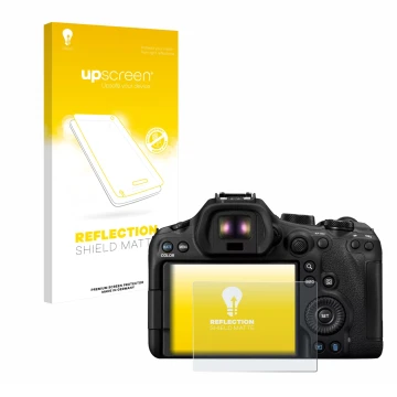 Vorderseite einer Produktverpackung mit dem Markenlogo upscreen. Daneben ist das Gerät Canon EOS R6 Mark III mit dem zugehörig