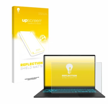 Vorderseite einer Produktverpackung mit dem Markenlogo upscreen. Daneben ist das Gerät ASUS V16 V3607 mit dem zugehörigen Disp