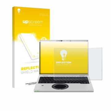 Vorderseite einer Produktverpackung mit dem Markenlogo upscreen. Daneben ist das Gerät Panasonic CF-FV3 mit dem zugehörigen Di