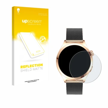 Vorderseite einer Produktverpackung mit dem Markenlogo upscreen. Daneben ist das Gerät Niolina Smartwatch 1.27