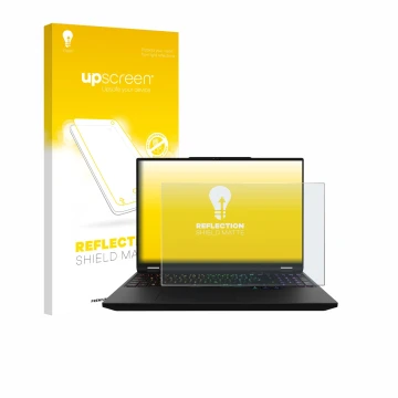 Vorderseite einer Produktverpackung mit dem Markenlogo upscreen. Daneben ist das Gerät XMG Apex 16 Max mit dem zugehörigen Dis