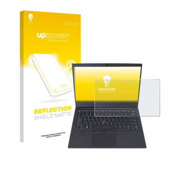 Vorderseite einer Produktverpackung mit dem Markenlogo upscreen. Daneben ist das Gerät Lenovo ThinkPad E14 Gen 1 mit dem zugeh