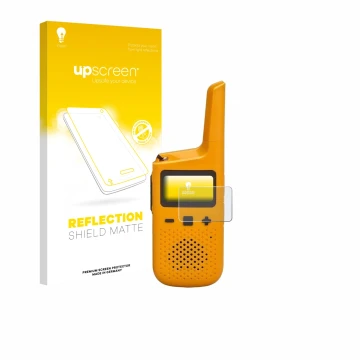 Vorderseite einer Produktverpackung mit dem Markenlogo upscreen. Daneben ist das Gerät Motorola Talkabout T72 mit dem zugehöri