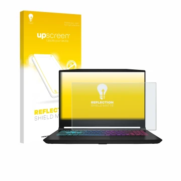 Vorderseite einer Produktverpackung mit dem Markenlogo upscreen. Daneben ist das Gerät MSI Katana 15 HX B14 mit dem zugehörige