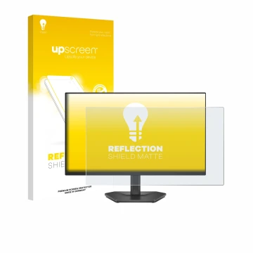 Vorderseite einer Produktverpackung mit dem Markenlogo upscreen. Daneben ist das Gerät Dell 24 SE2426HG mit dem zugehörigen Di