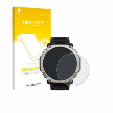 Vorderseite einer Produktverpackung mit dem Markenlogo upscreen. Daneben ist das Gerät Huami Amazfit T-Rex Ultra 2 mit dem zug