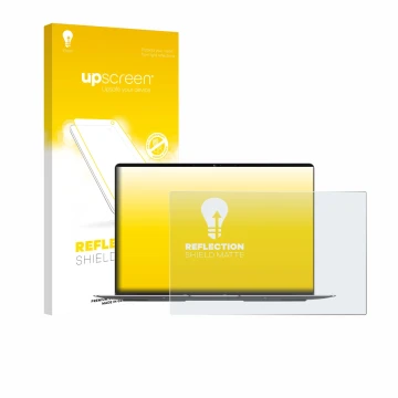 Vorderseite einer Produktverpackung mit dem Markenlogo upscreen. Daneben ist das Gerät Geekom GeekBook X14 Pro mit dem zugehör