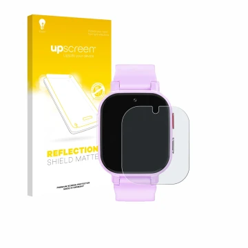 Vorderseite einer Produktverpackung mit dem Markenlogo upscreen. Daneben ist das Gerät Alutoria Kids Smartwatch 1.42
