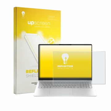 Vorderseite einer Produktverpackung mit dem Markenlogo upscreen. Daneben ist das Gerät HP OmniBook 3 16 16-bw0750ng mit dem zu