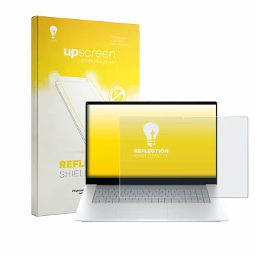 Vorderseite einer Produktverpackung mit dem Markenlogo upscreen. Daneben ist das Gerät HP OmniBook X 17-de0776ngx mit dem zuge