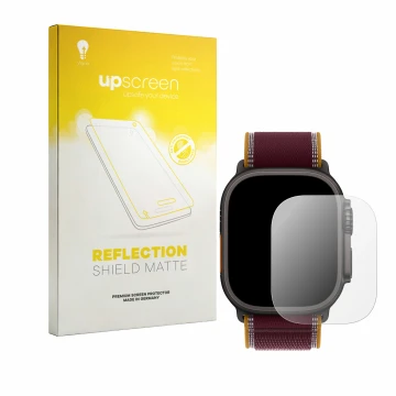 Vorderseite einer Produktverpackung mit dem Markenlogo upscreen. Daneben ist das Gerät Apple Watch Ultra 4 (49 mm) mit dem zug