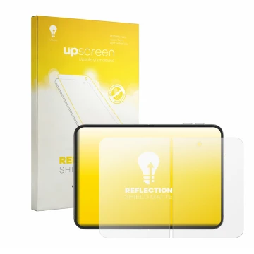 Vorderseite einer Produktverpackung mit dem Markenlogo upscreen. Daneben ist das Gerät Apple iPhone Duo (Inneres Display) mit 