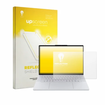 Vorderseite einer Produktverpackung mit dem Markenlogo upscreen. Daneben ist das Gerät Lenovo Googlebook 15 mit dem zugehörige