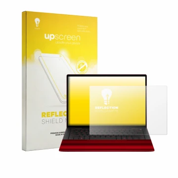 Vorderseite einer Produktverpackung mit dem Markenlogo upscreen. Daneben ist das Gerät HP Scuderia Ferrari Notebook mit dem zu