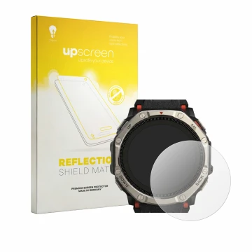Vorderseite einer Produktverpackung mit dem Markenlogo upscreen. Daneben ist das Gerät Huami Amazfit T-Rex Dual Solar mit dem 