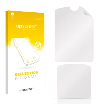 Vorderseite einer Produktverpackung mit dem Markenlogo upscreen. Daneben ist der zugehörige Displayschutz.