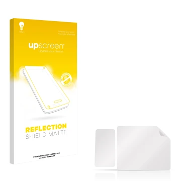 Vorderseite einer Produktverpackung mit dem Markenlogo upscreen. Daneben ist der zugehörige Displayschutz.