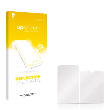 Vorderseite einer Produktverpackung mit dem Markenlogo upscreen. Daneben ist der zugehörige Displayschutz.