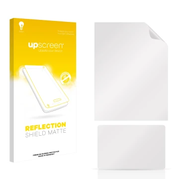 Vorderseite einer Produktverpackung mit dem Markenlogo upscreen. Daneben ist der zugehörige Displayschutz.