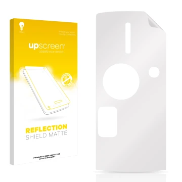 Vorderseite einer Produktverpackung mit dem Markenlogo upscreen. Daneben ist der zugehörige Displayschutz.