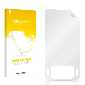 Vorderseite einer Produktverpackung mit dem Markenlogo upscreen. Daneben ist der zugehörige Displayschutz.