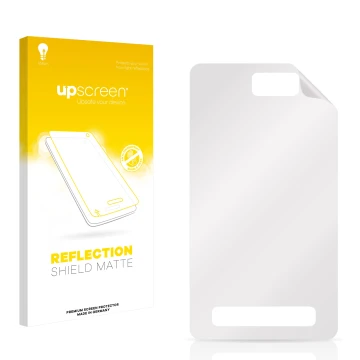 Vorderseite einer Produktverpackung mit dem Markenlogo upscreen. Daneben ist der zugehörige Displayschutz.