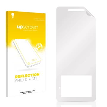 Vorderseite einer Produktverpackung mit dem Markenlogo upscreen. Daneben ist der zugehörige Displayschutz.