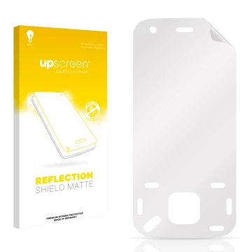 Vorderseite einer Produktverpackung mit dem Markenlogo upscreen. Daneben ist der zugehörige Displayschutz.
