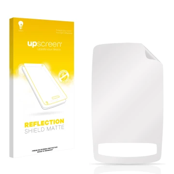 Vorderseite einer Produktverpackung mit dem Markenlogo upscreen. Daneben ist der zugehörige Displayschutz.