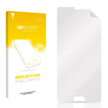 Vorderseite einer Produktverpackung mit dem Markenlogo upscreen. Daneben ist der zugehörige Displayschutz.