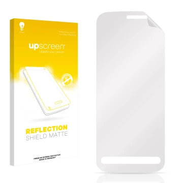 Vorderseite einer Produktverpackung mit dem Markenlogo upscreen. Daneben ist der zugehörige Displayschutz.