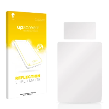 Vorderseite einer Produktverpackung mit dem Markenlogo upscreen. Daneben ist der zugehörige Displayschutz.