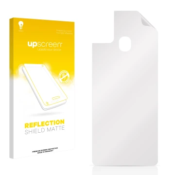 Vorderseite einer Produktverpackung mit dem Markenlogo upscreen. Daneben ist der zugehörige Displayschutz.
