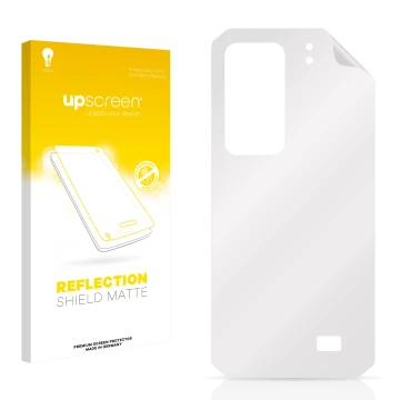 Vorderseite einer Produktverpackung mit dem Markenlogo upscreen. Daneben ist der zugehörige Displayschutz.