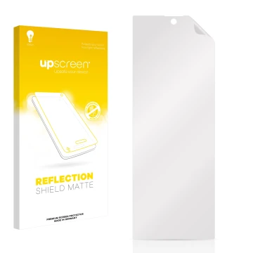 Vorderseite einer Produktverpackung mit dem Markenlogo upscreen. Daneben ist der zugehörige Displayschutz.