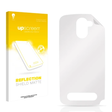 Vorderseite einer Produktverpackung mit dem Markenlogo upscreen. Daneben ist der zugehörige Displayschutz.