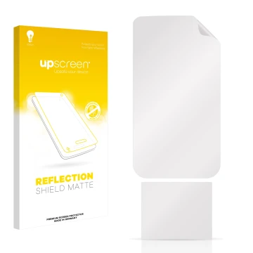 Vorderseite einer Produktverpackung mit dem Markenlogo upscreen. Daneben ist der zugehörige Displayschutz.