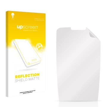 Vorderseite einer Produktverpackung mit dem Markenlogo upscreen. Daneben ist der zugehörige Displayschutz.