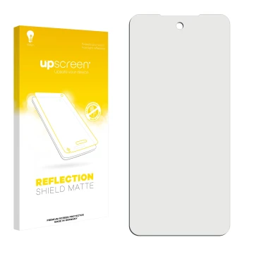 Vorderseite einer Produktverpackung mit dem Markenlogo upscreen. Daneben ist der zugehörige Displayschutz.