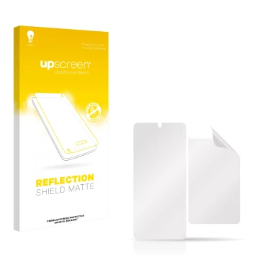 Vorderseite einer Produktverpackung mit dem Markenlogo upscreen. Daneben ist der zugehörige Displayschutz.