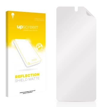 Vorderseite einer Produktverpackung mit dem Markenlogo upscreen. Daneben ist der zugehörige Displayschutz.