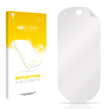 Vorderseite einer Produktverpackung mit dem Markenlogo upscreen. Daneben ist der zugehörige Displayschutz.