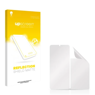 Vorderseite einer Produktverpackung mit dem Markenlogo upscreen. Daneben ist der zugehörige Displayschutz.
