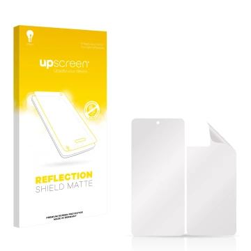 Vorderseite einer Produktverpackung mit dem Markenlogo upscreen. Daneben ist der zugehörige Displayschutz.