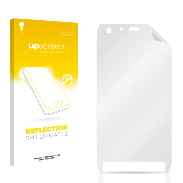 Vorderseite einer Produktverpackung mit dem Markenlogo upscreen. Daneben ist der zugehörige Displayschutz.