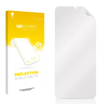 Vorderseite einer Produktverpackung mit dem Markenlogo upscreen. Daneben ist der zugehörige Displayschutz.