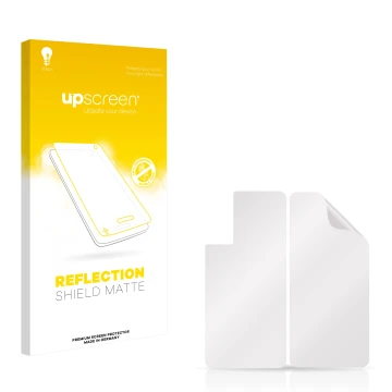Vorderseite einer Produktverpackung mit dem Markenlogo upscreen. Daneben ist der zugehörige Displayschutz.