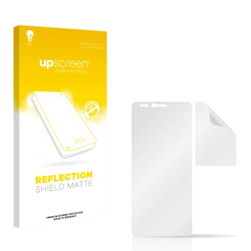 Vorderseite einer Produktverpackung mit dem Markenlogo upscreen. Daneben ist der zugehörige Displayschutz.